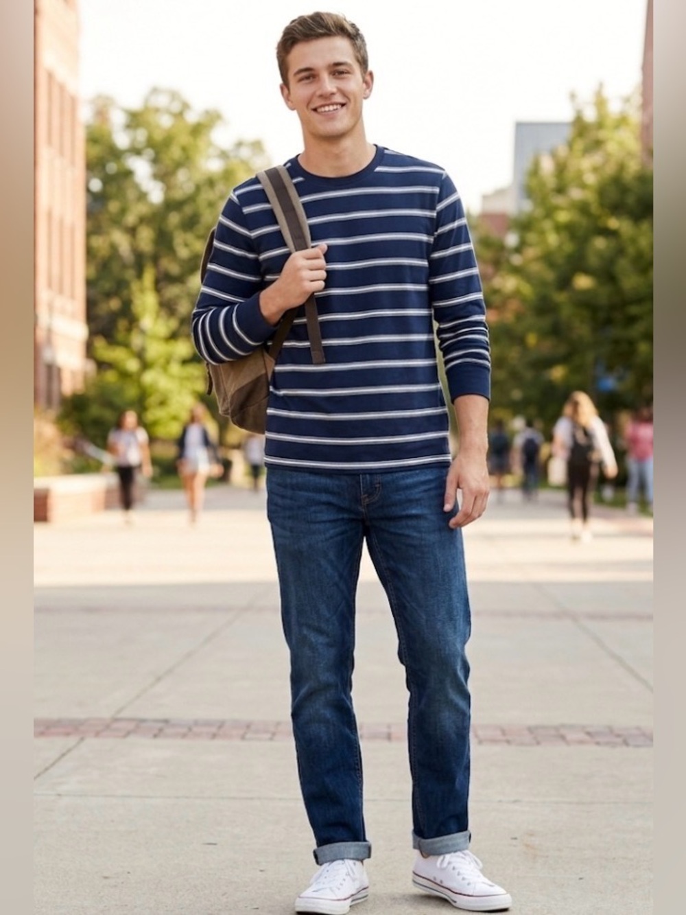 Old Navy Men's Blue and White Striped Long Sleeve Tee